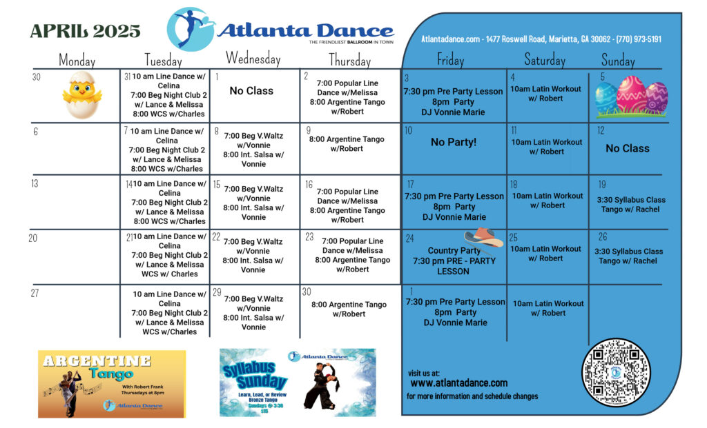 April Calendar for Ballroom dance classes